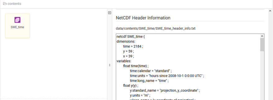 SWE_time file on the left. On the left in the metadata entry field is the header "NetCDF Header Information". Below the header, above the text box is the file tree "data/contents/SWE_time_header_info.txt" In the text field is the extracted file data defining time, dimensions, and variables. 