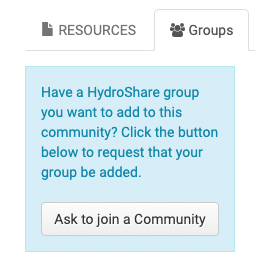 A blue square containing the text in the above paragraph, and a button that says "Ask to join a community"