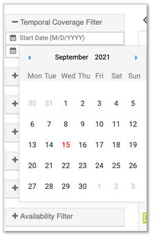 Screencapture, a box that says "Temporal Coverage Filter" with a drop down calendar showing the month of September 2021.