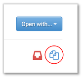The blue "open with" button above the red "add to my resources" tray icon and the two page "copy this resource" icon. The copy resource icon is circled. 