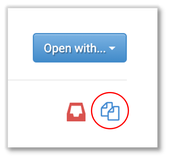 Screencapture, two icons below the "Open with" dropdown button. On the left is a small file tray icon indicating the "add to my resources" function. Circled on the right an icon of two sheets of paper indicating the copy a resource function. 