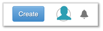 A blue button that says "create", a profile icon in the shape of a head, and notification icon in the shape of a bell. 