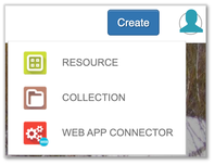 Screencapture from Hydroshare.org showing resource creation options that can be selected. In a dropdown menu from the create button there are 3 options, Resource, collection, and wen app connector.