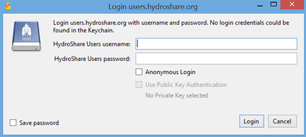 popup with header "Login users.hydroshare.org". Below header is the text "Login users.hydroshare.org with username and password. No login credentials could be found in the Keychain." Below there are two text entry fields "HydroShare users username" with a text entry fields, and "Hydroshare users password:" with a text entry field. There is also an option for an anonymous login and a public key authentification. 