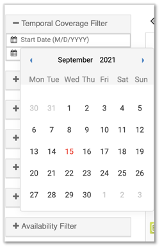 filter box titled "temporal coverage filter", with a calendar drop down for date selection. 