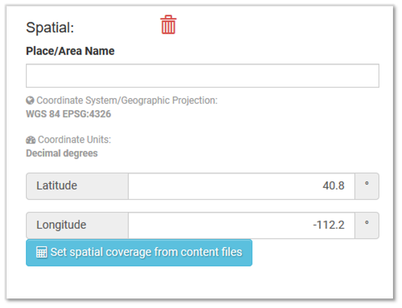 The spatial metadata entry field which contains entry fields "Place/Area Name", Latitude, and Longitude. Beneath the entry fields a blue button has now appeared containing the text "Set Spatial Coverage from Content Files"
