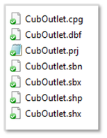 Screencapture a list of files required for hydroshare to automatically recognize a shapefile. The files are: CubOutlet.cpg, CubOutlet.dbf, CubOutlet.prj, CubOutlet.sbn, CubOutlet.sbx, CubOutlet.shp, CubOutlet.shx. 