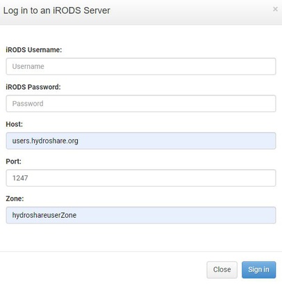 a box with the heading "Log into an iRODS server". The box contains the subfields with text entry boxes "iRODS username", "iRODS Password", "Host", "Port", and "Zone". There are two buttons at the bottom, "Close" and "sign in"