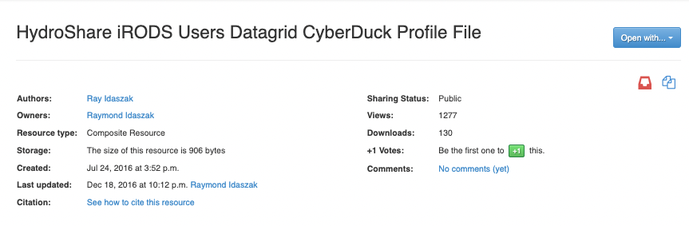 A resource called "HydroShare iRODS users datagrid Cyberduck profile set". Author and owner is Raymond Idaszak. Sharing status is set to public