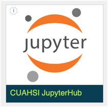The Jupyterhub logo, the center reads "Jupyter" and below the icona re teh words "CUAHSI JupyterHub". This is the clickable app icon from HydroShare.org. 