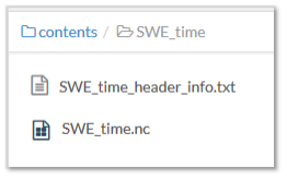 The contents section, file tree at the top says "contents/SWE_time". The files in this folder are "SWE_time_header_info.txt" and "SWE_time.nc". 