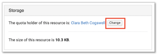 A box that says "Storage", and below a line of text that says "The Quota holder of this resource is: Clara Beth Cogswell" and below that "The size of this resource is 10.3 KB"