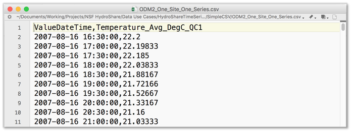 The partial contents of a csv file, containing a list with the header "Value Date Time, Temperature_avg_DegC_QC1" followed by a list of dates, times, and temperatures in year-month-day, military time, and Celcius formats.