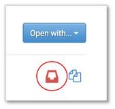 Screencapture, two icons below the "Open with" dropdown button. Circled on the left a small file tray icon indicating the "add to my resources" function, on the right an icon of two sheets of paper indicating the copy a resource function. 