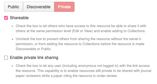 A portion of the manage access pop up, which contains the selectable buttons "Public", "Discoverable", and "Private". Below these buttons are the checkable boxes, "shareable" and "enable private link sharing". Enable private link sharing has a paragraph below that is written out in the text above this image.  