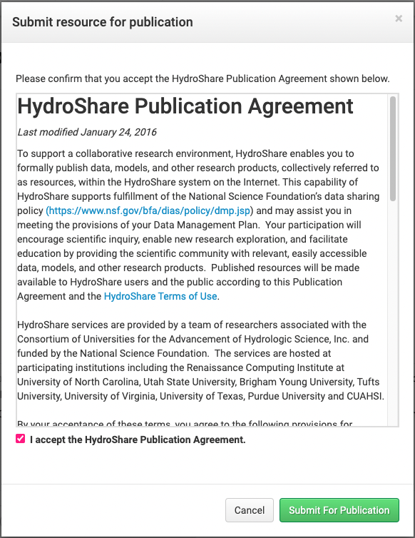 A pop up containing the HydroShare publication agreement, and a check box next to the words "I accept the HydroShare publication agreement". Below this are the buttons "cancel" and "submit for publication"