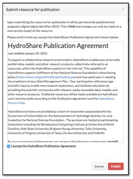 Screencapture, The submit a resource for publication dailouge that is launched by clicking the publish icon. Subheader says "Hydroshare Publication Agreement", the text of which is detailed below the subheading. Below this is a checked box that says "I accept the Hydroshare Publication Agreement", and to the right, a red "publish" button.  