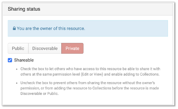 Sharing status popup box, with a blue message at the top that says "you are the owner of this resource". Below are the "Public", "Discoverable", and "Private" buttons. The "sharable" box is checked. 