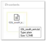 The contents section with a file titled "GSL_south_arm.txt. Type: plain, Size 1.2 MB