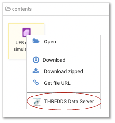 Multidimensional file right click drop-down. It includes Open, Download, Download Zipped, Get file URL, and THREDDS data server.