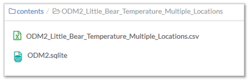 two file in the contents section within the folder "ODM2_little_bear_Multiple_Locations". The top file has the same title as the above CSV, the second file is called "ODM2.sqlite"