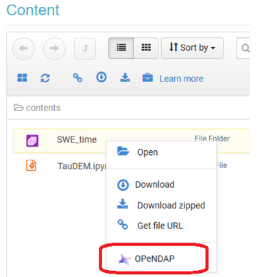 Contents section containing two files, one multidimensional file called "SWE_time" and one jupyter notebook file called "TauDEM". SWE_time is selected and  the right click menu is open. The right click menu contains the options: Open, download, get file URL, and OpenDAP. OpenDap is circled. 