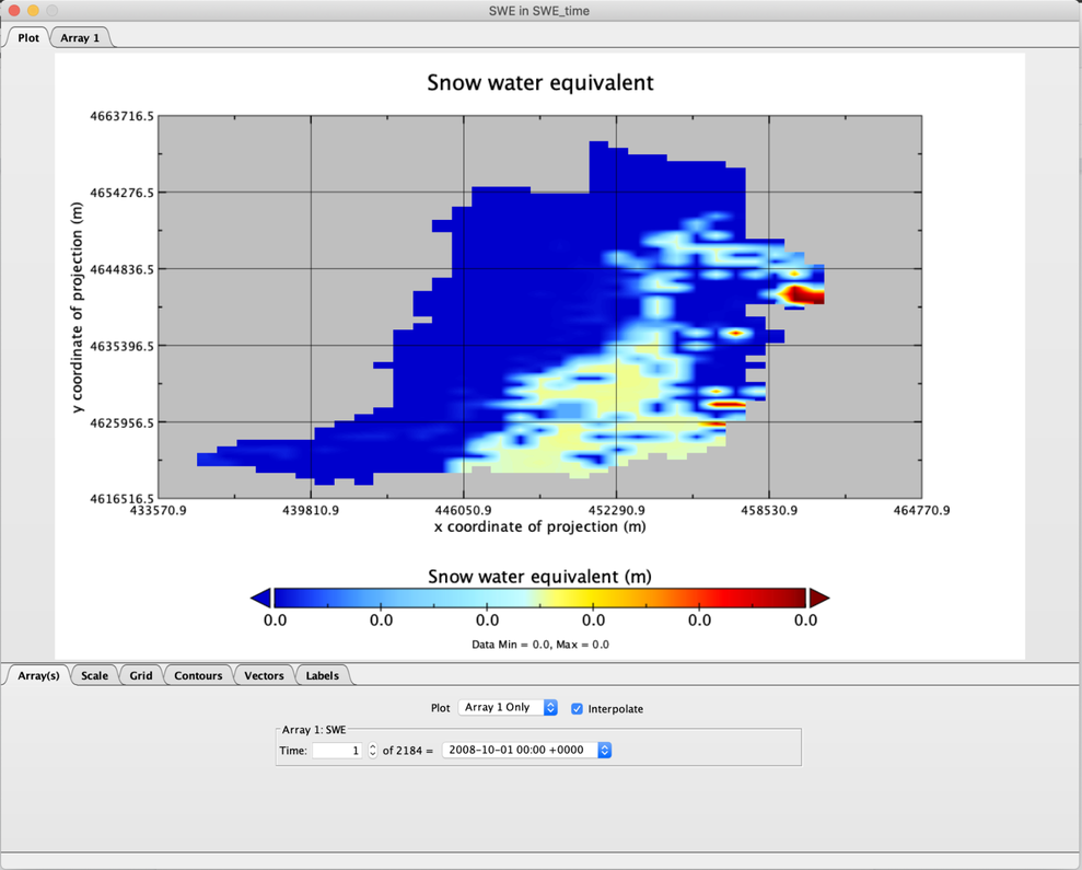 Color contour plot titled "Snow water equivalent" The Axis of the plot are labeled "X coordinate projection (m)" and "Y coordinate projection (m)." The legend below is labeled "Snow water equivalent (m)" and is a color bar that goes transitions from blue to red, left to right. Below the chart are four tabs: Arrays, scale, grid, contours, vectors, and labels. Arrays is selected. On this tab is the word plot next to a drop down menu, on which "Array 1 only" is shown. beside this, a box labeled "interpolate" is checked. 